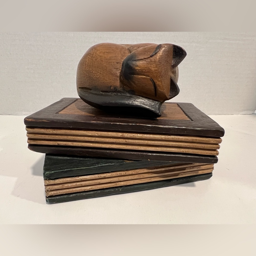 Unbranded Wooden Brown Carved Siamese Cat Sleeping On Stack Of Books Thailand